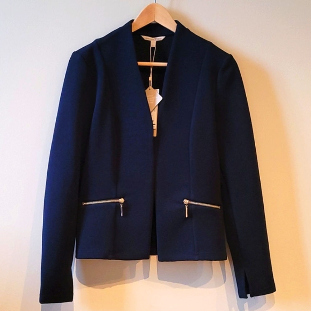 Navy Blue Ribbed Blazer with Gold Trim